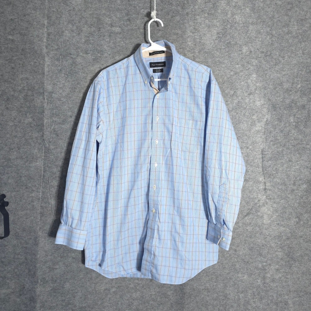 Paul Fredrick Shirt Mens 16.5x33 Blue Plaid Non-Iron Tailored Fit Button Up